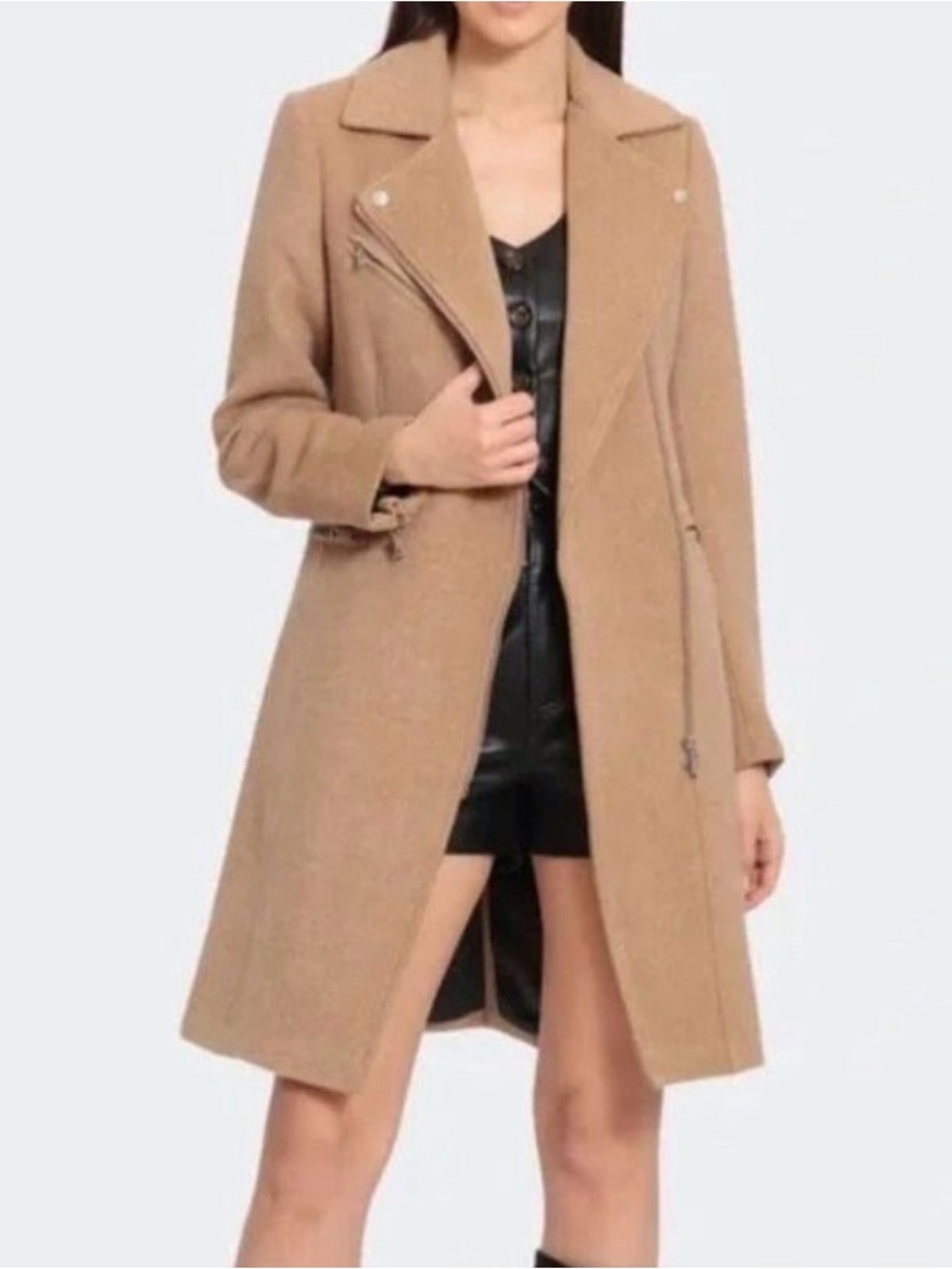 Avec les filles camel moto zip wool blend twill coat Womens Medium Winter fabric